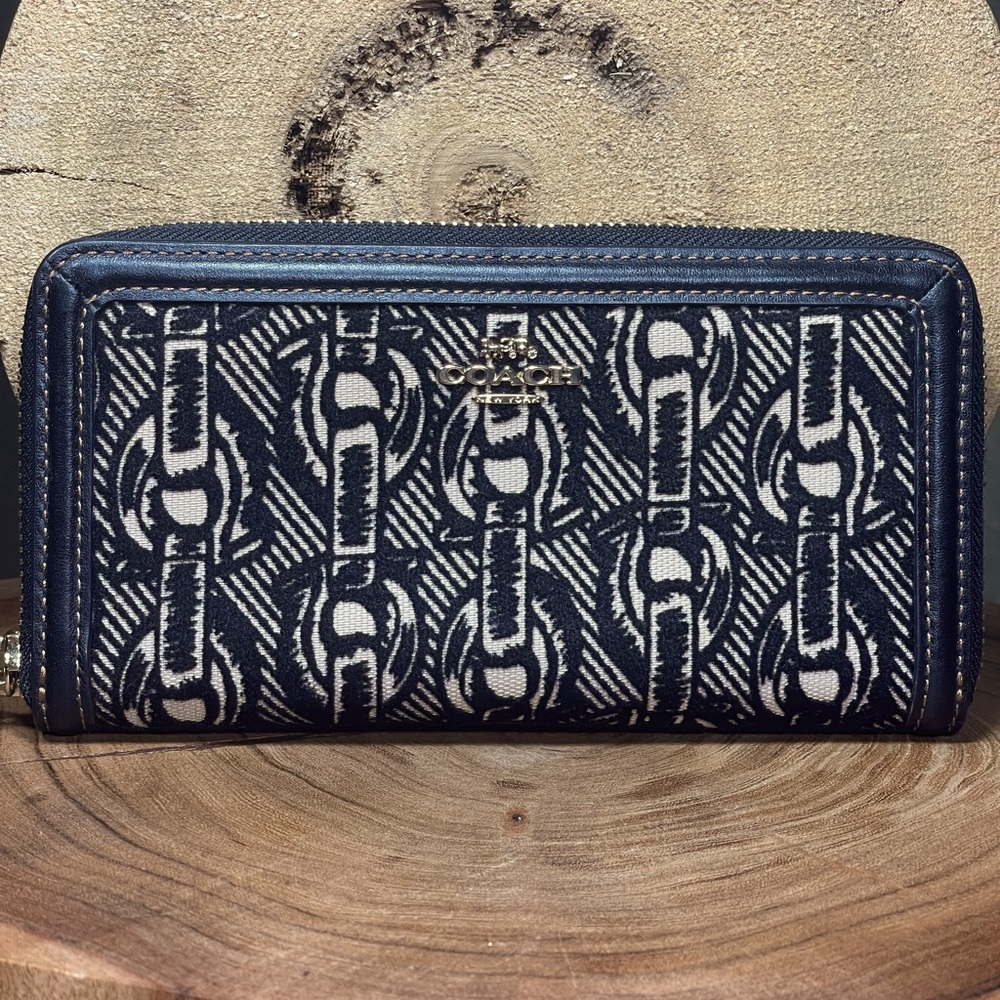 COACH Flocked Chain Print Leather & Velveteen Accordion Zip Wallet